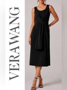 Vera Wang Black Silk Wool Draped Waist Midi Dress Size 8
